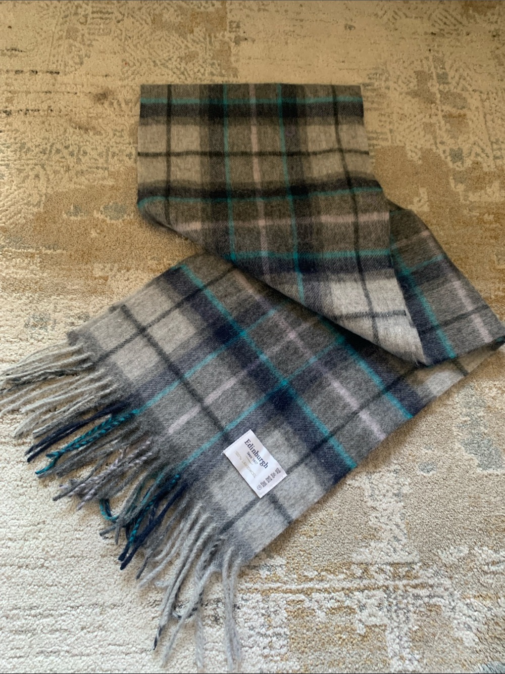 Edinburgh Plaid Men's Scarf in Gray and Teal 100% lambs wool